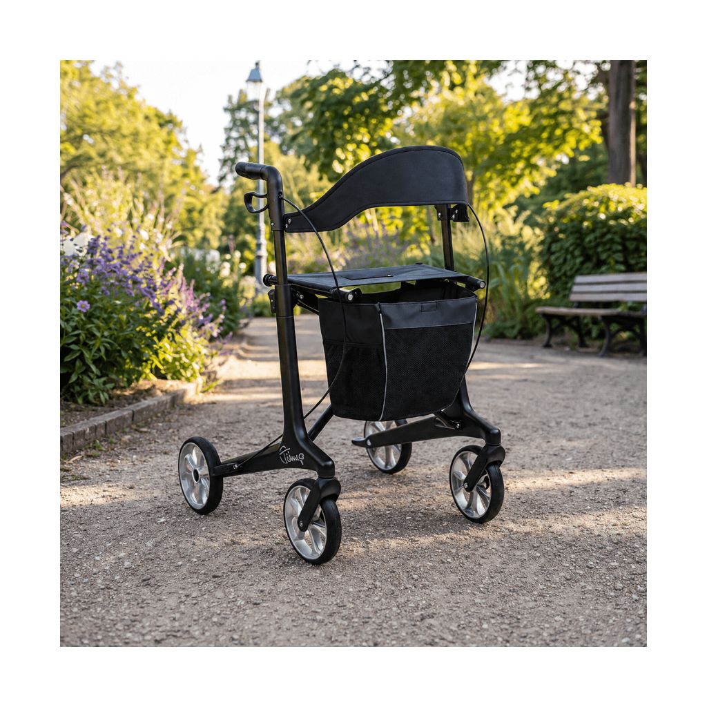 BLACK Kulfiberrollator 5,3 kg | Compleet toebehoren | Zachte wielen