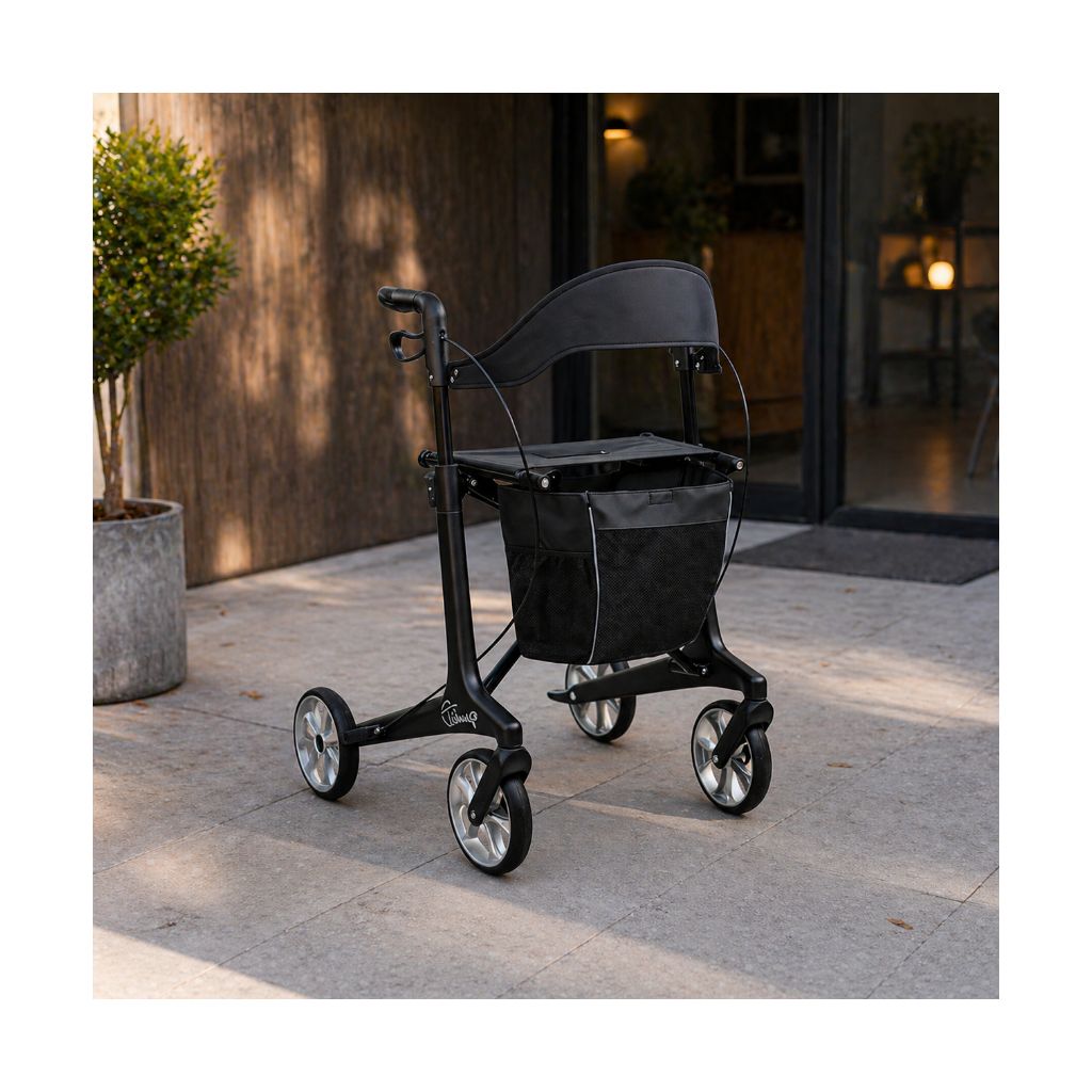 BLACK Kulfiberrollator 5,3 kg | Compleet toebehoren | Zachte wielen